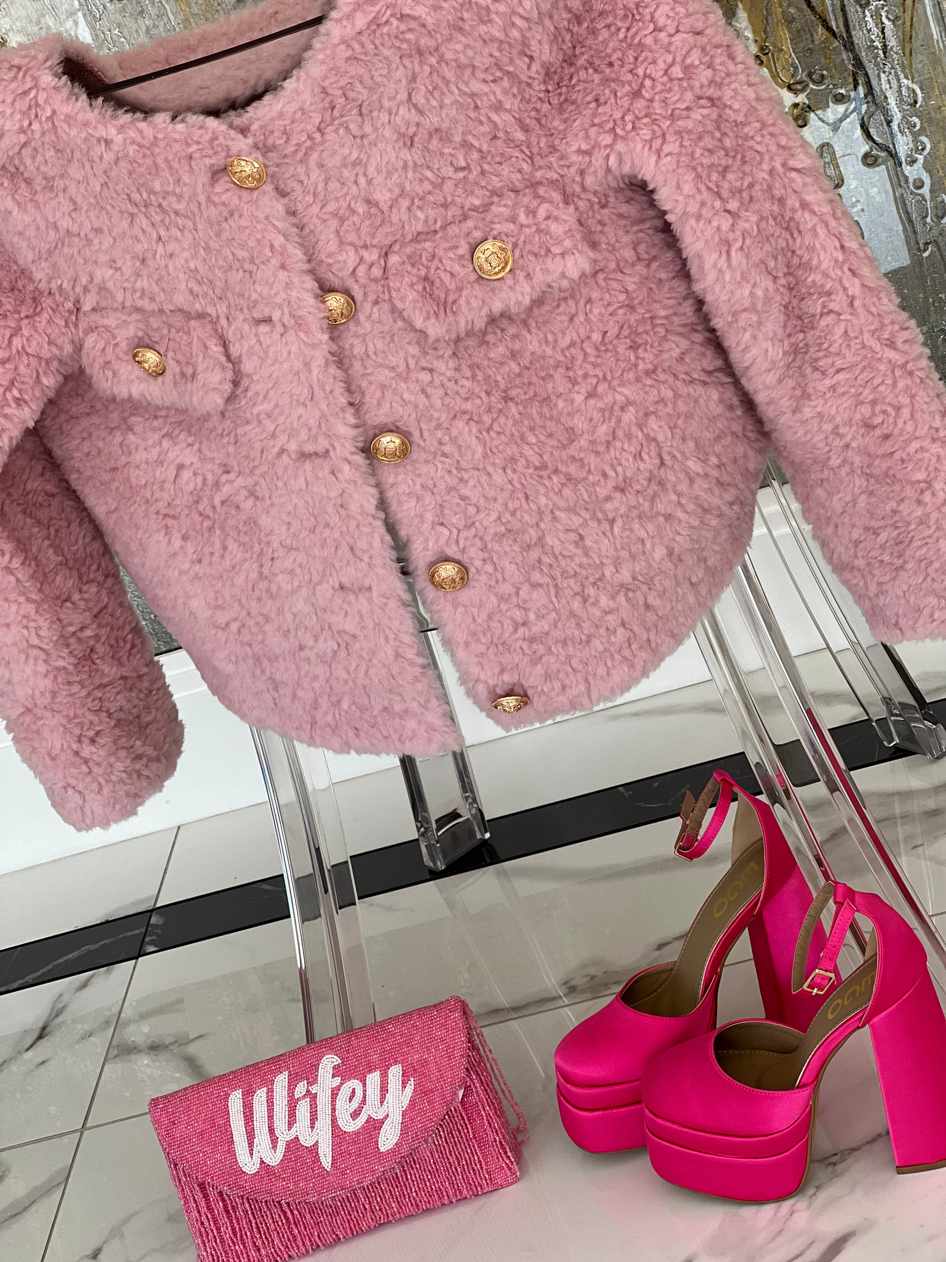 Goldie sheepskin teddy wool Jacket BLUSH PINK - SALE
