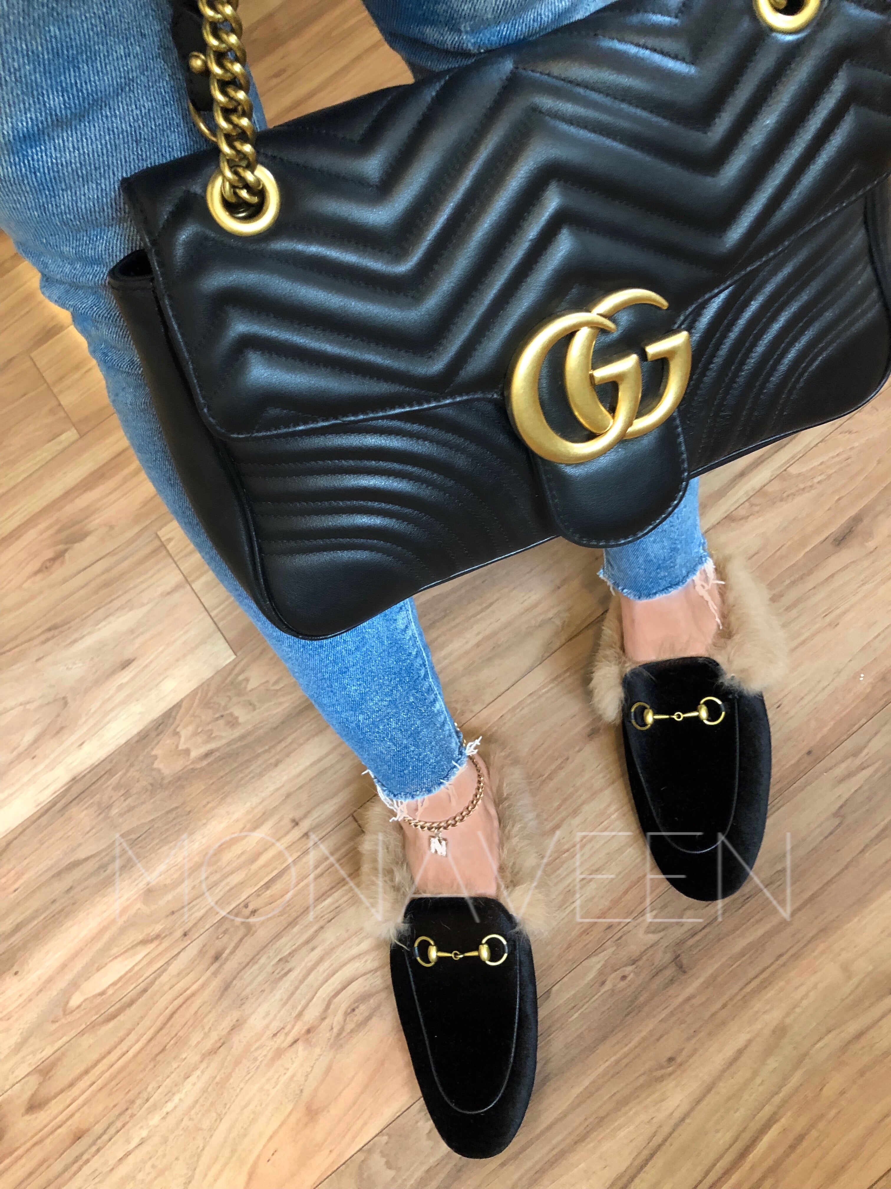 Monaveen BLACK VELVET FUR LINED Slipper / slide